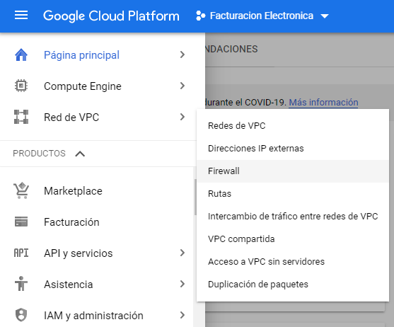 Menú Firewall GCP